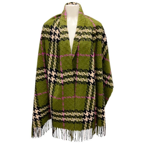 BURBERRY OLIVE GREEN / MAGENTA MULTI FRINGED HOUNDSTOOTH PLAID CHECK MERINO WOOL - Picture 2 of 6